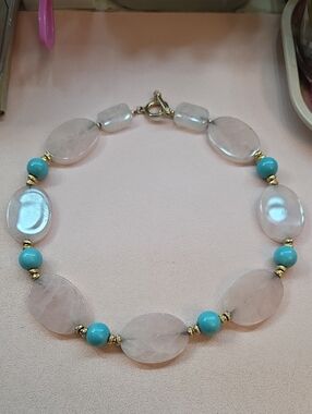 Rose Quartz and Turquoise Bead Necklace with Gold Accents